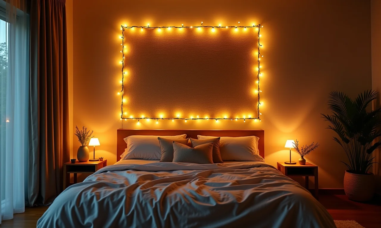 Mural de inspirações iluminado com luzes de fada.