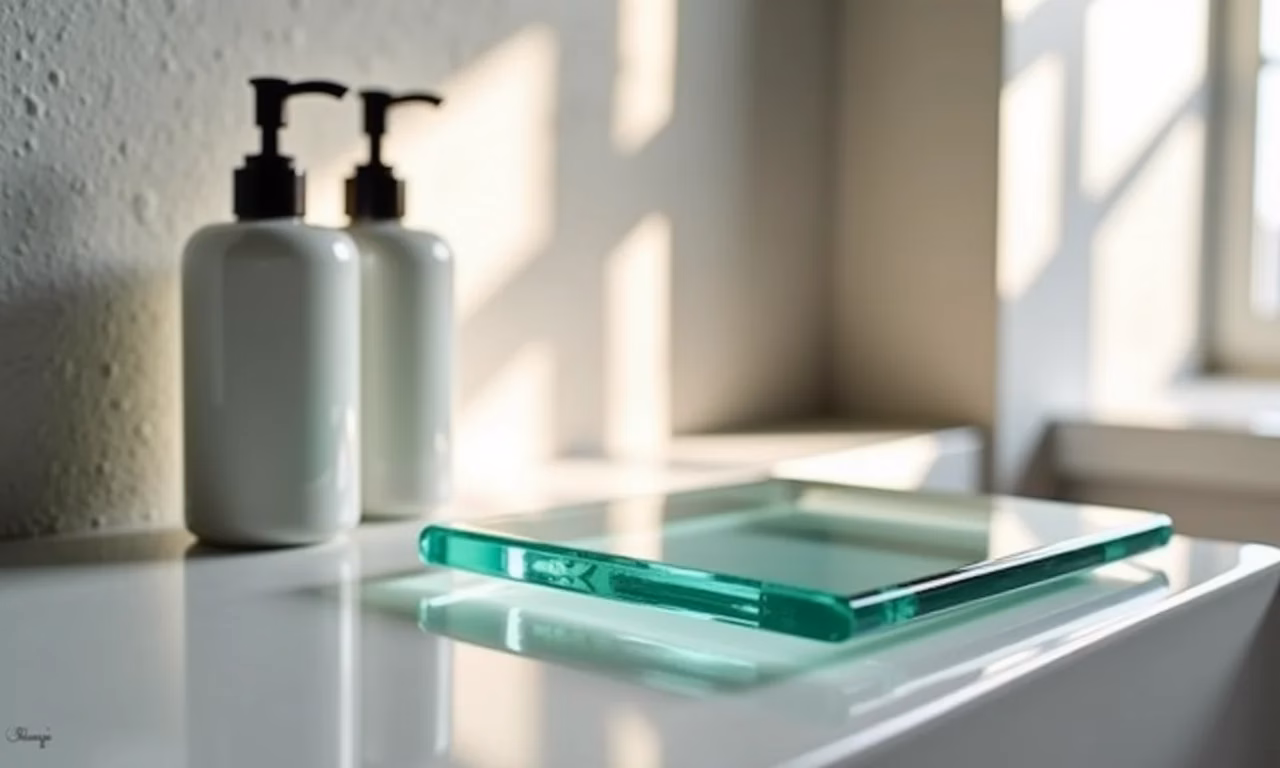 Nicho de banheiro moderno com porta shampoo de vidro.