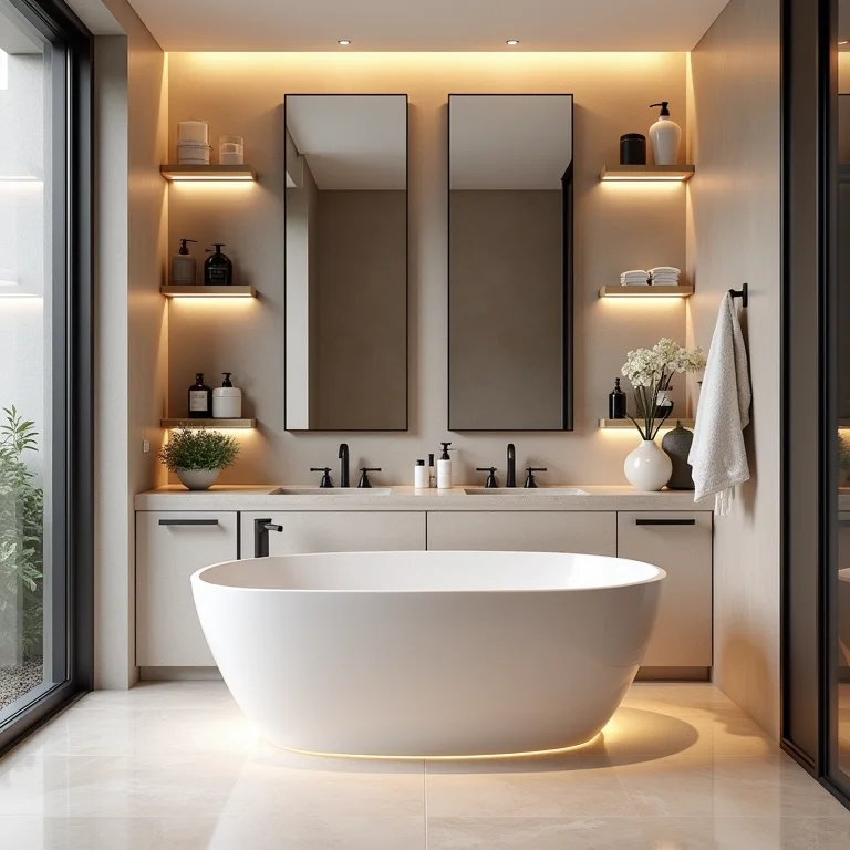 Nichos com espelho em parede de banheiro