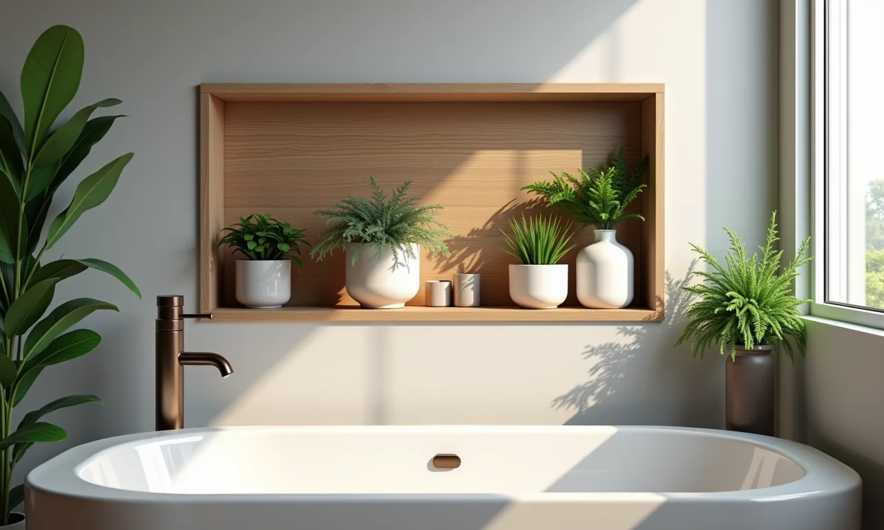 Nichos de madeira em banheiro com plantas e objetos decorativos.