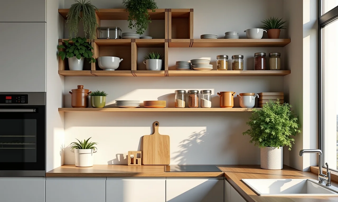 Nichos de pallet para temperos e utensílios em cozinha iluminada.