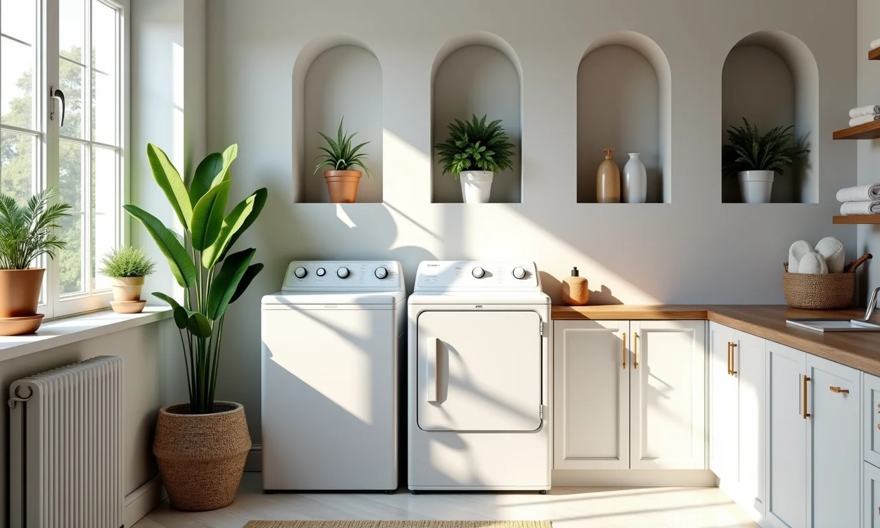 Nichos e prateleiras expondo objetos decorativos na lavanderia.