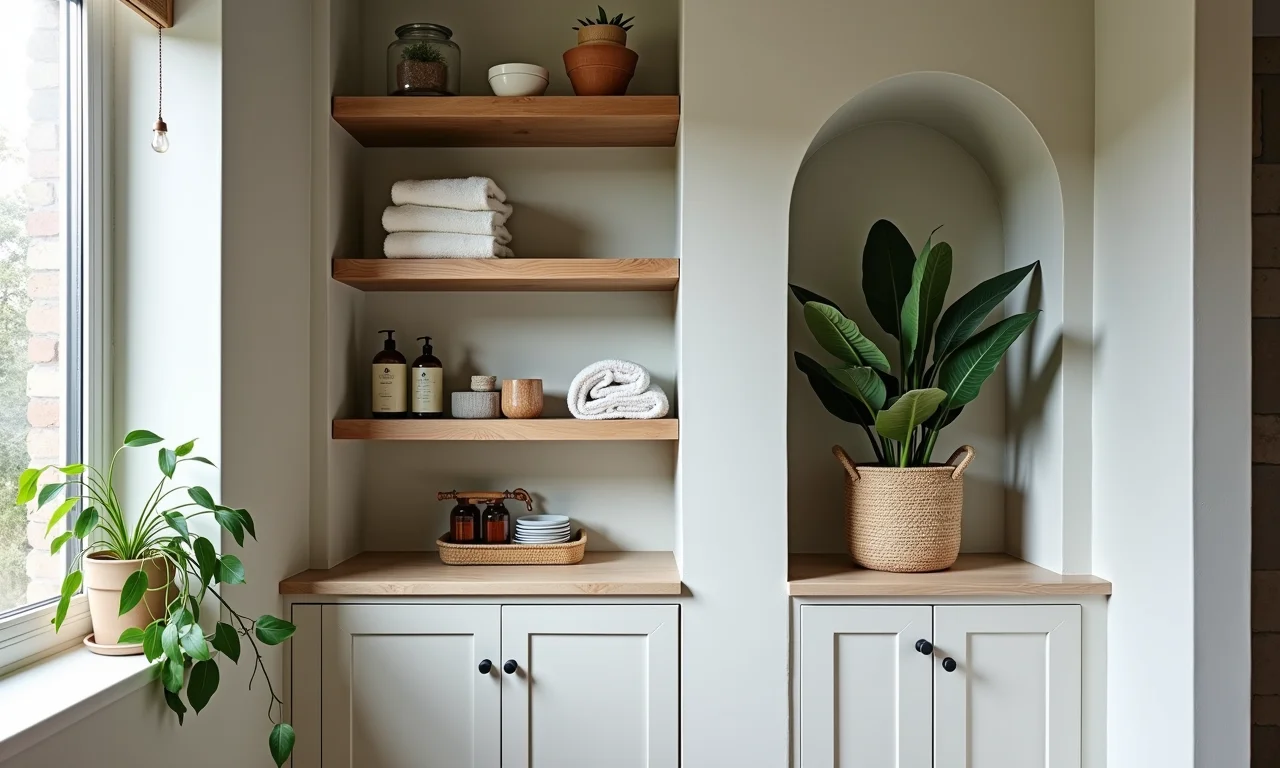 Nichos e prateleiras otimizando espaço vertical em banheiro.