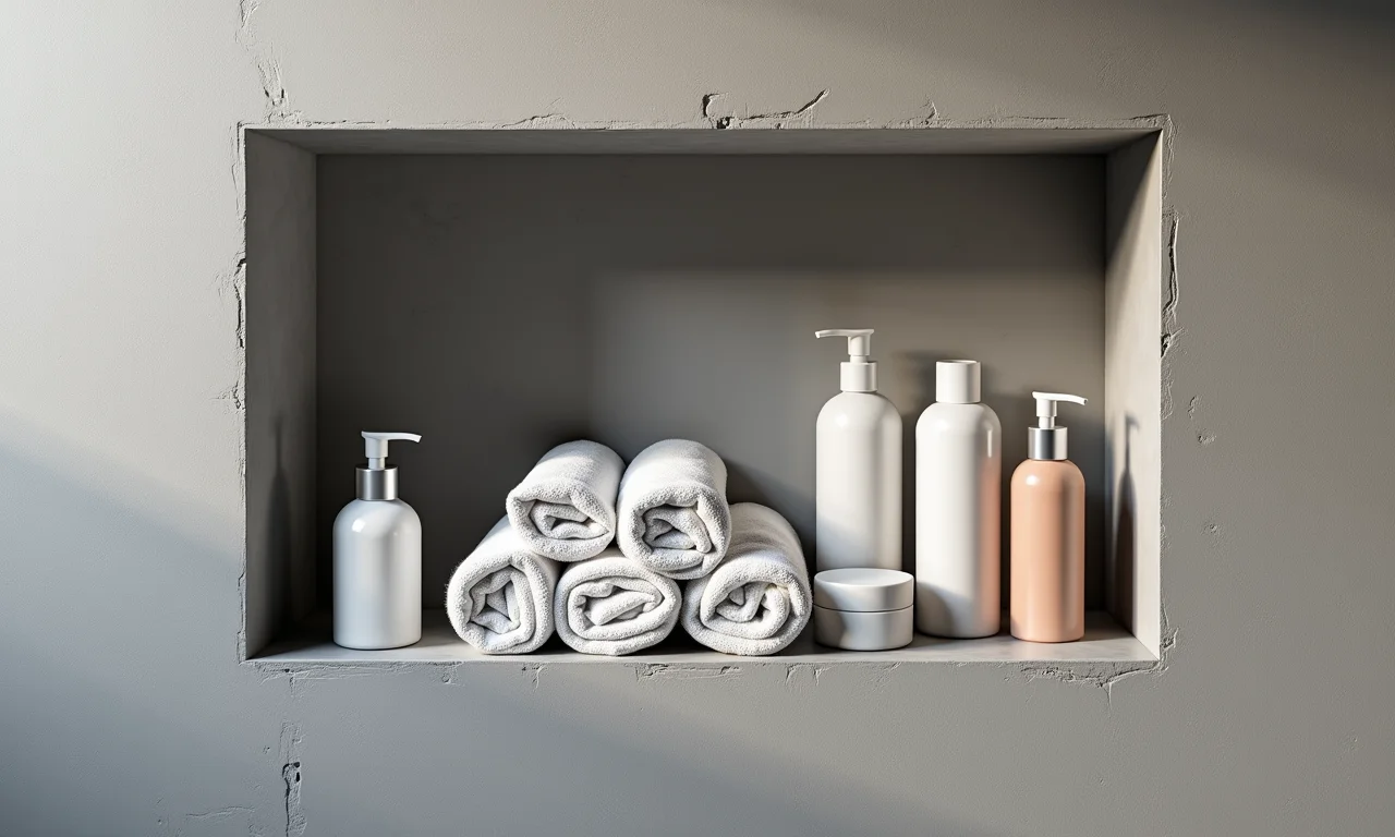 Nichos em banheiro com cimento queimado para organização e estilo.