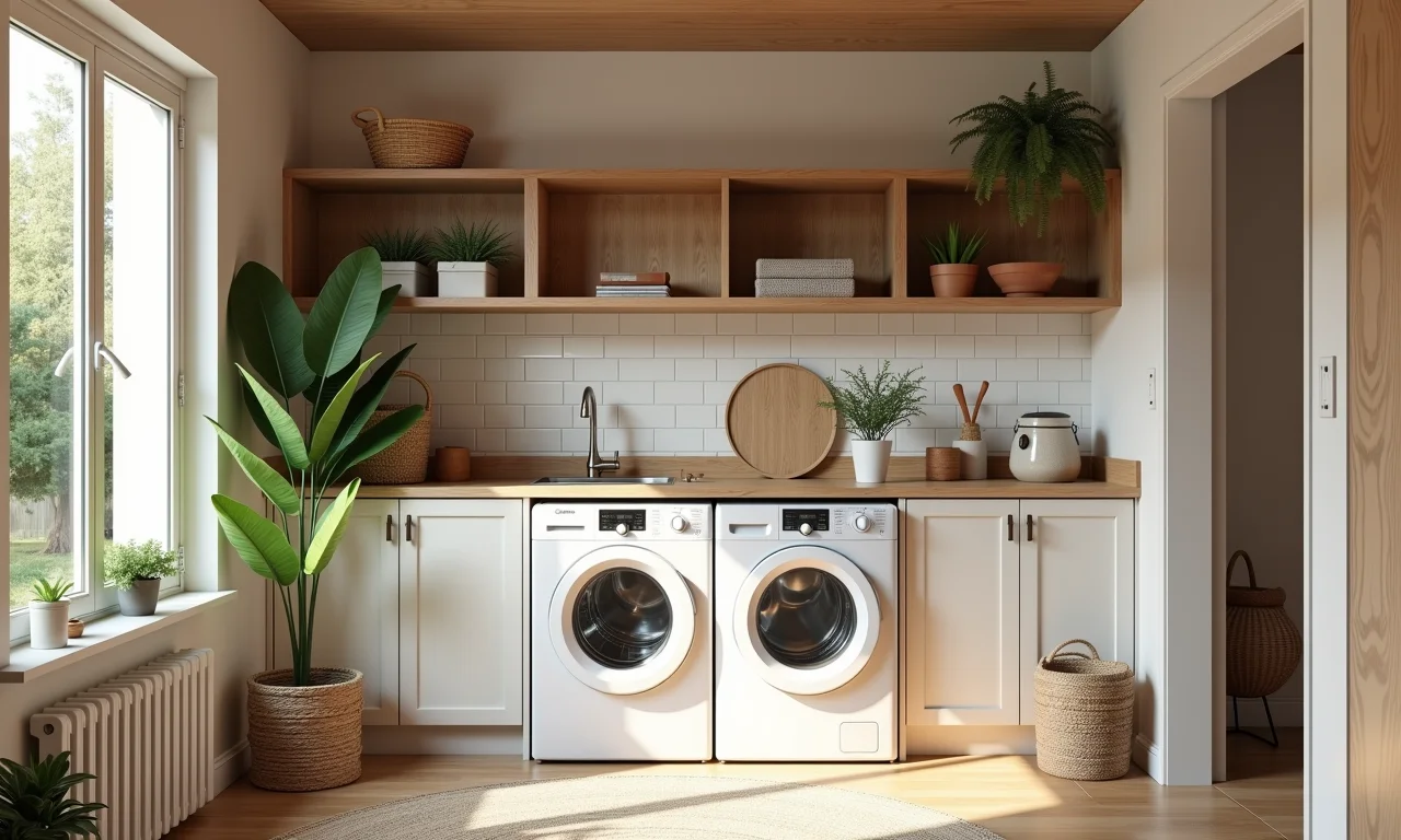 Nichos embutidos adicionando charme e organização a uma lavanderia.
