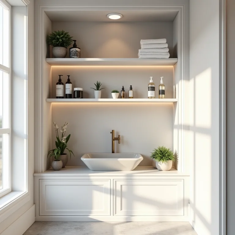 Nichos embutidos para organização em banheiro pequeno
