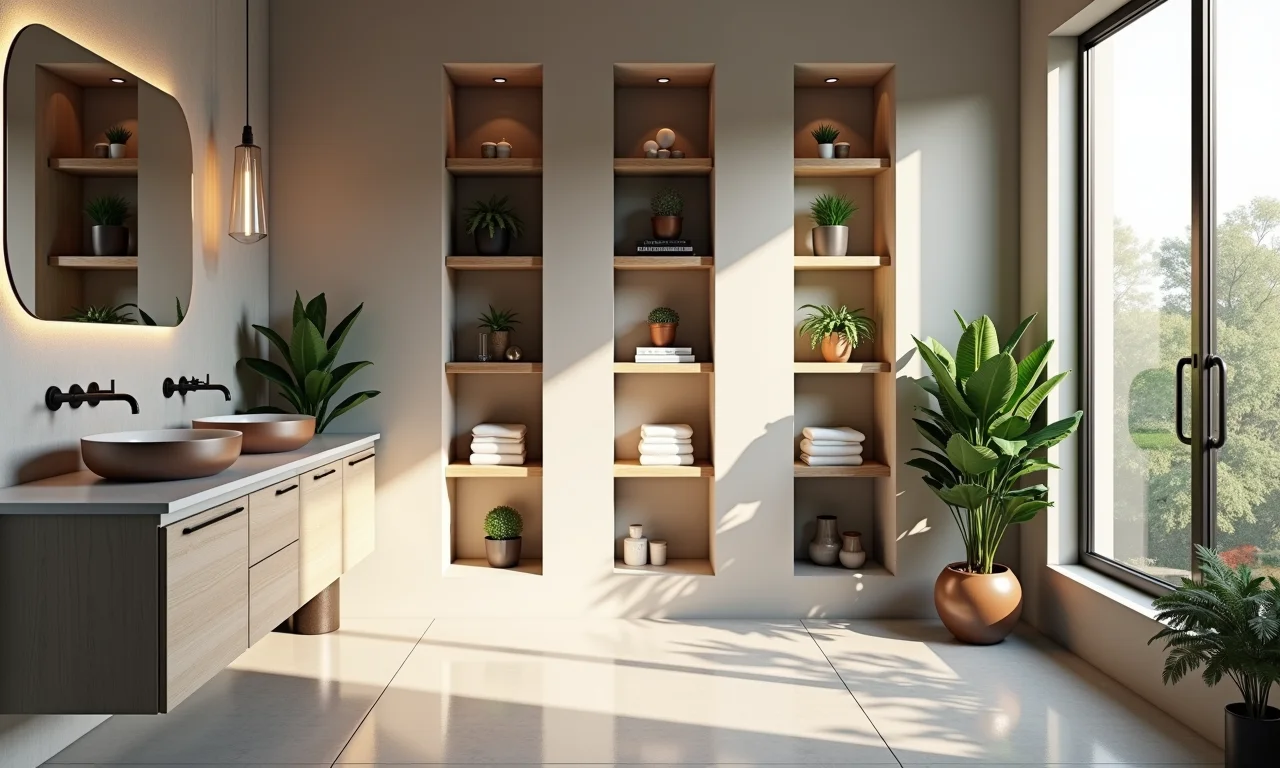 Nichos, prateleiras e plantas decorando banheiro social.