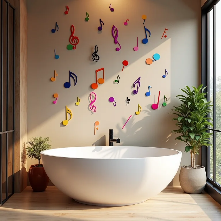 Notas musicais coloridas flutuando em um banheiro temático, promovendo a criatividade.