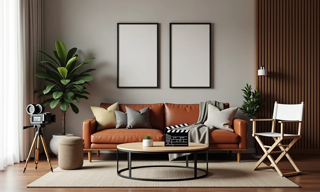 Objetos de cena de filmes usados como decoração em uma sala de estar.