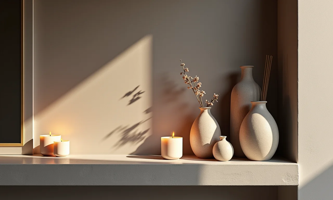 Objetos de decoração em banheiro com cimento queimado, personalizando o ambiente.