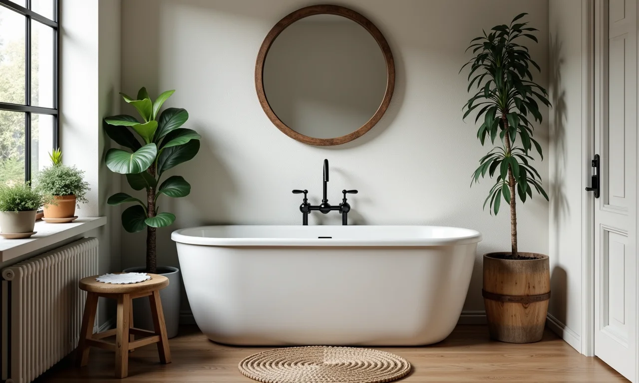 Objetos de decoração vintage em um banheiro com estilo industrial.