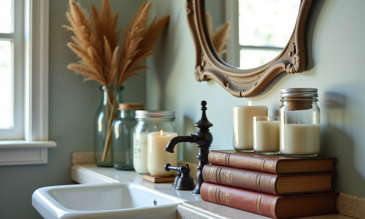 Objetos de decoração vintage em um banheiro industrial.