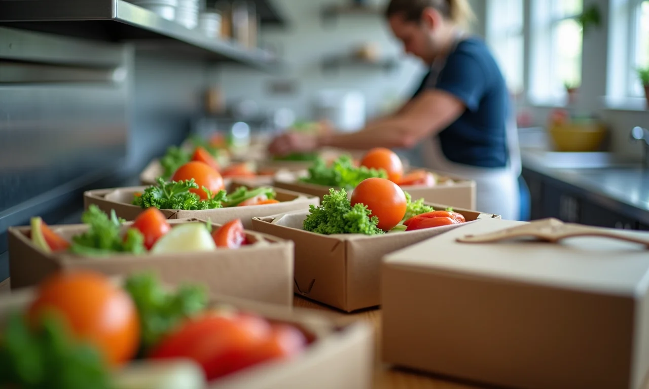 Organização da produção de marmitas em cozinha.
