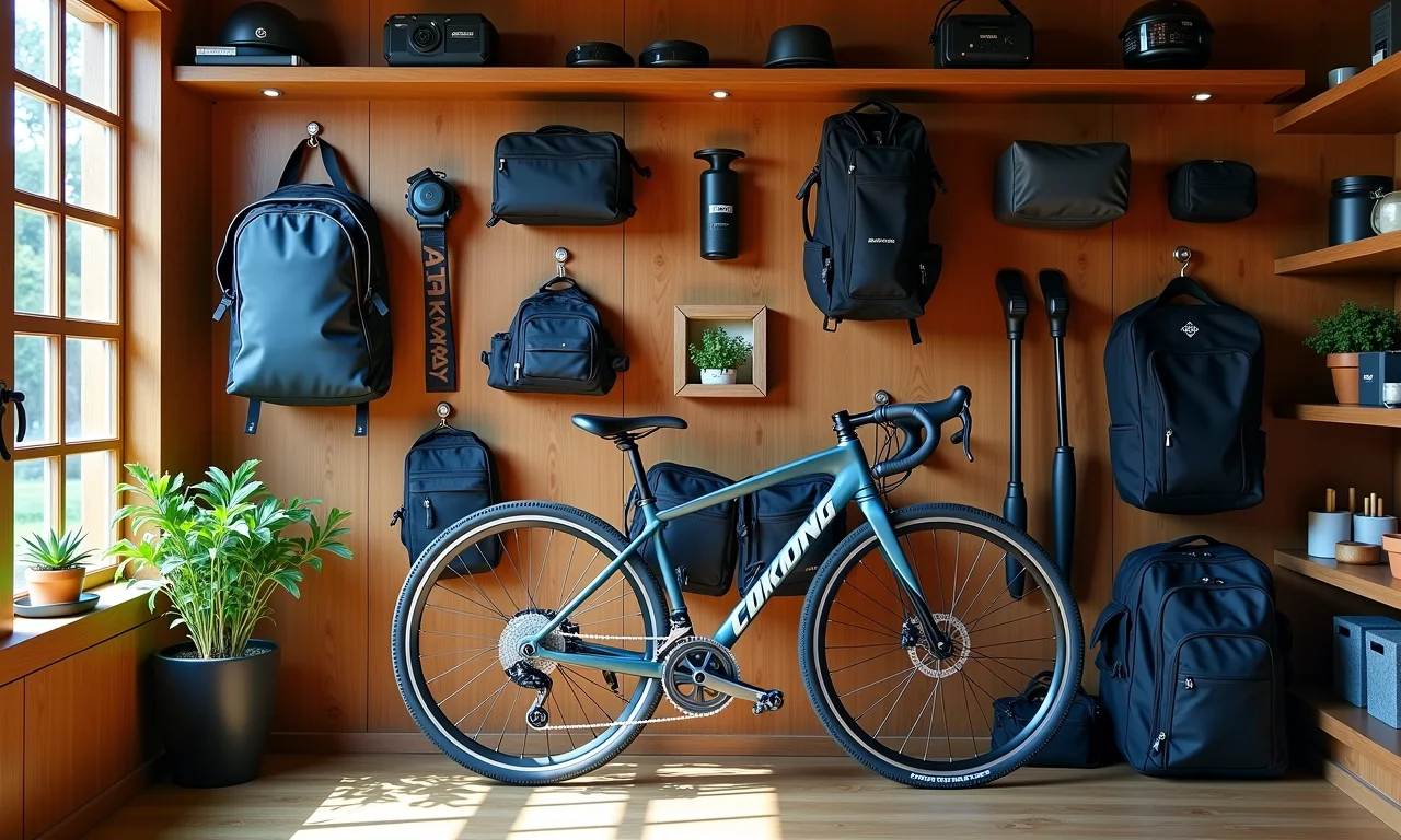 Organização de acessórios de bicicleta.