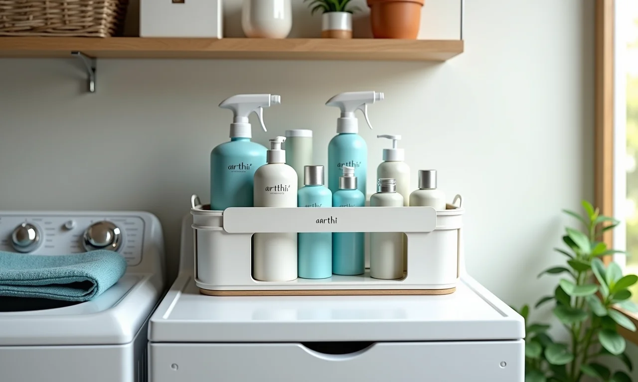 Organizador de produtos de limpeza da Arthi na lavanderia.