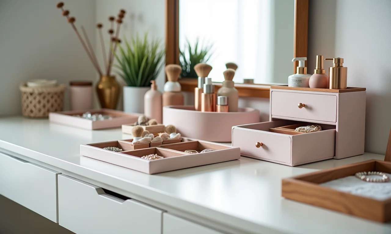 Organizando acessórios na bancada do closet com caixas e bandejas.