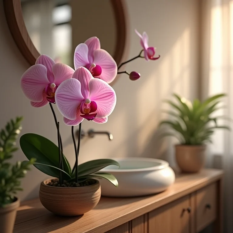 Orquídea Phalaenopsis em banheiro boho chic.