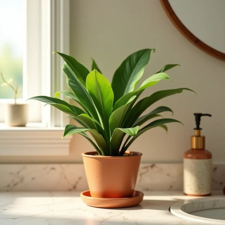 Pacová em vaso de terracota em banheiro boho chic.