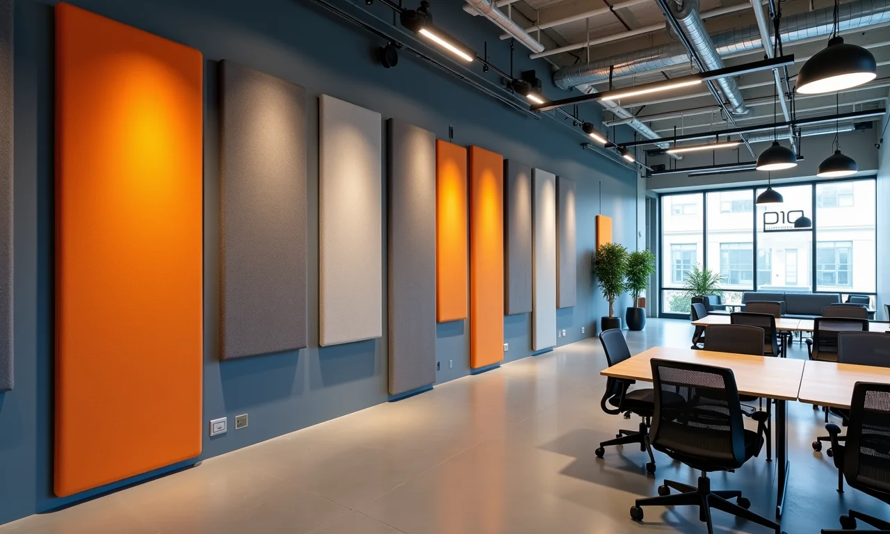 Painéis acústicos em escritório de galpão.