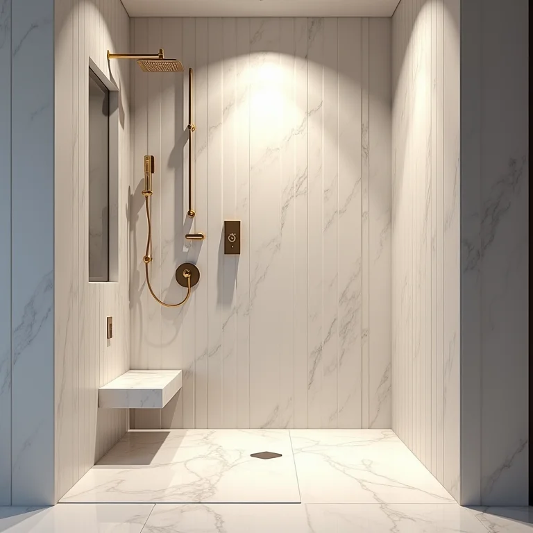 Painel 3D texturizado na área do box de um banheiro.