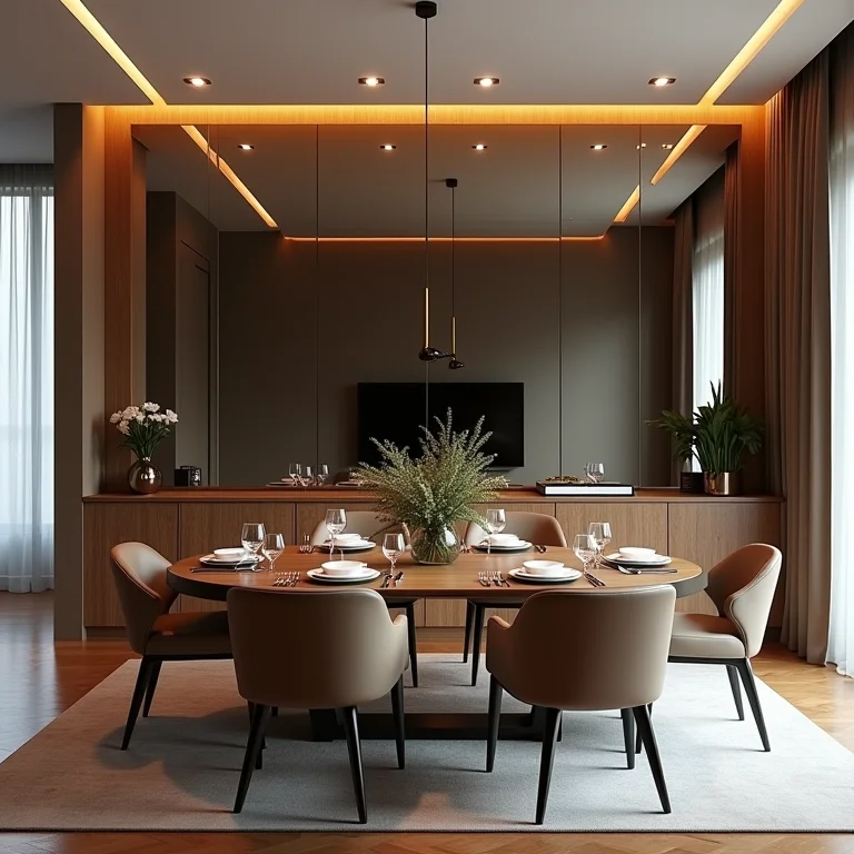 Painel de espelho cobrindo a parede de uma sala de jantar