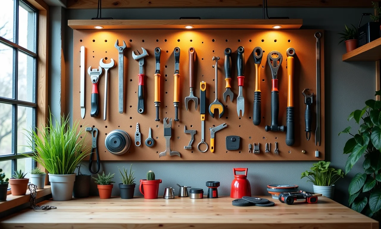 Painel de ferramentas organizado em parede de oficina.