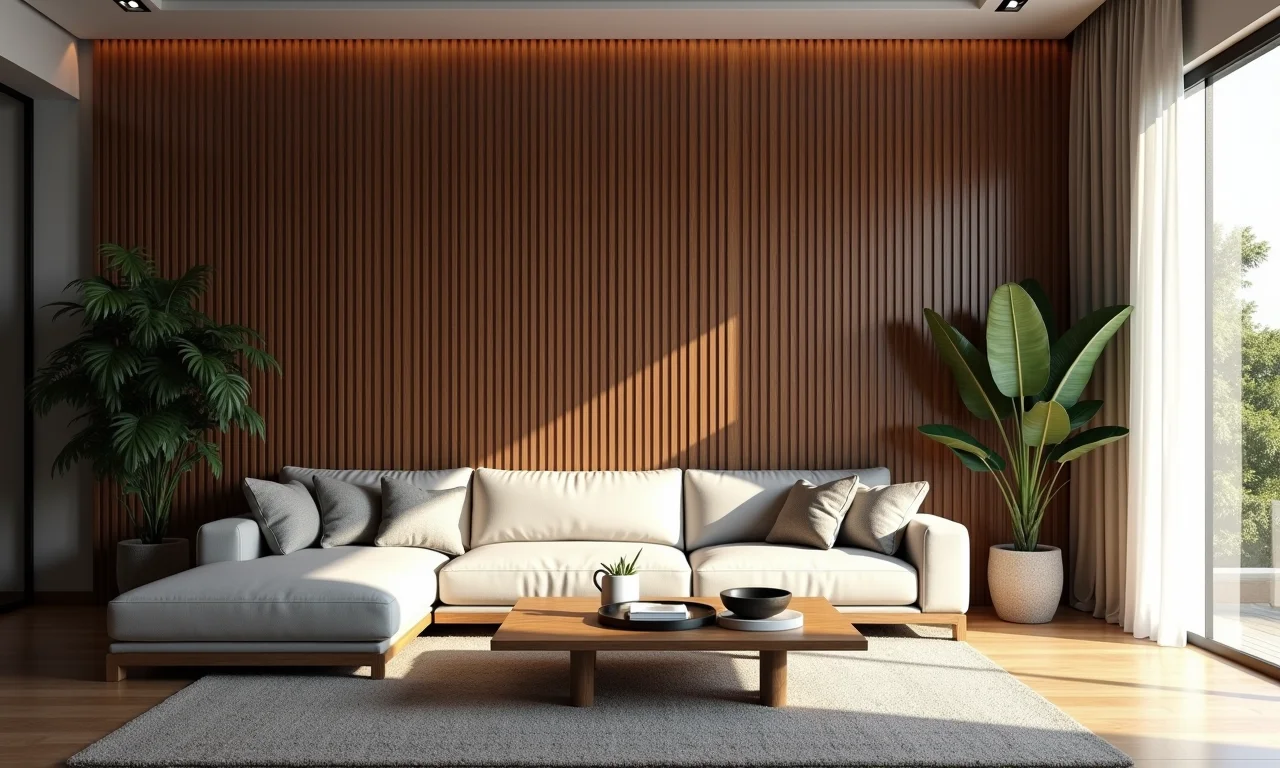 Painel de madeira ripada em sala de TV moderna com design brasileiro.