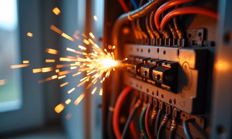 Cheiro de Ozônio em Casa? Pode Ser Um Problema Elétrico Painel elétrico danificado com faíscas, indicando risco de cheiro de ozônio.