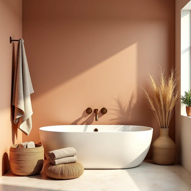 Paleta de cores e materiais boho chic para banheiro