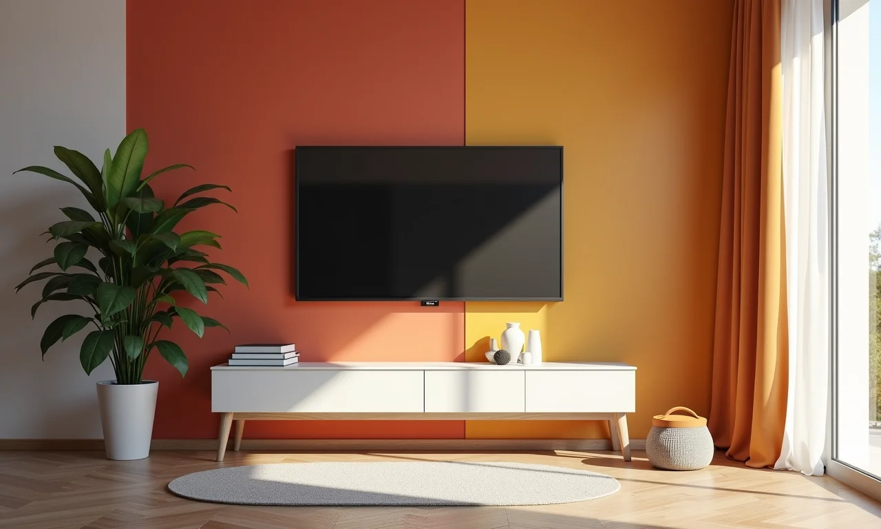 Paletas de cores de parede em sala de TV moderna com decoração brasileira.