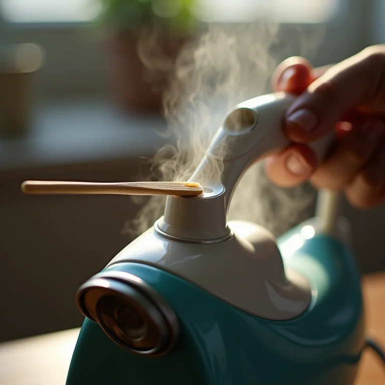 Palito de dente limpando orifícios do ferro de passar.