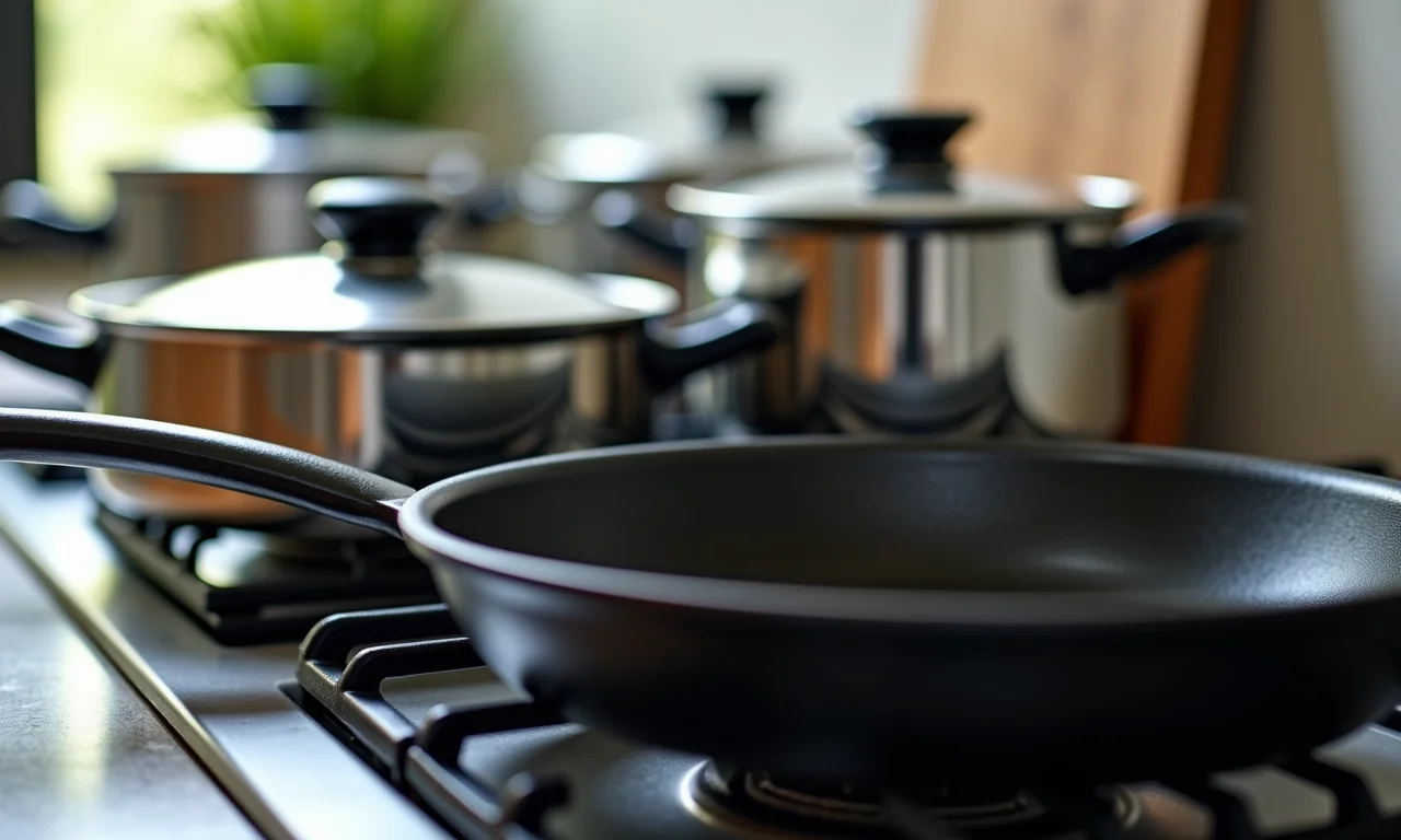 Panelas de aço inoxidável e ferro fundido em um fogão moderno.