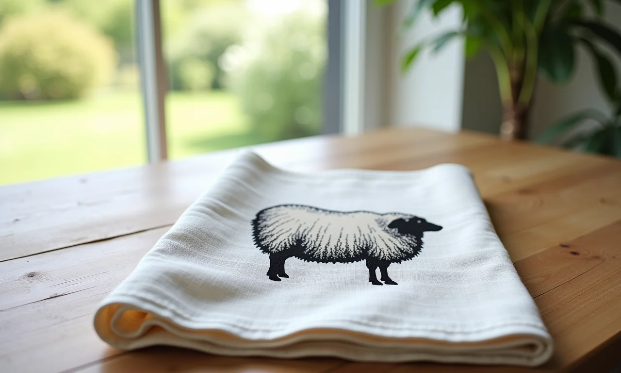 Pano de prato estampado com ovelha em mesa de cozinha.