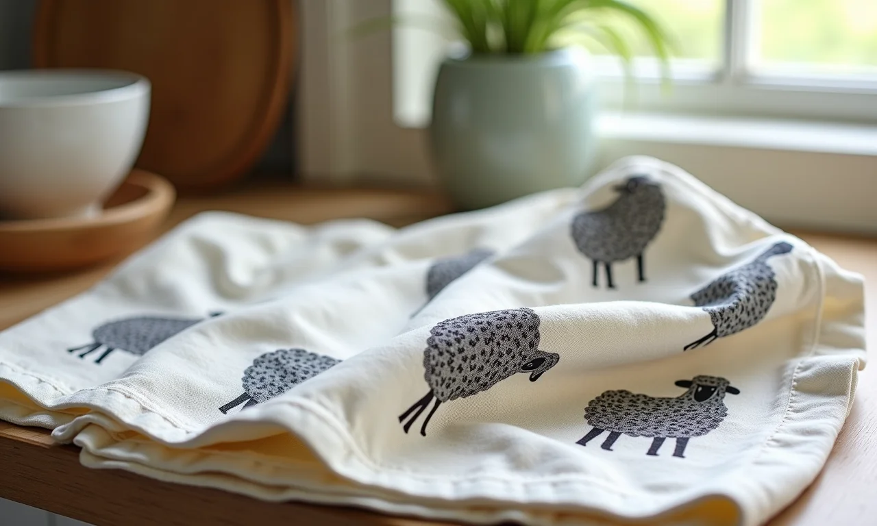 Panos de prato com estampa de ovelhas em cozinha estilo farmhouse.