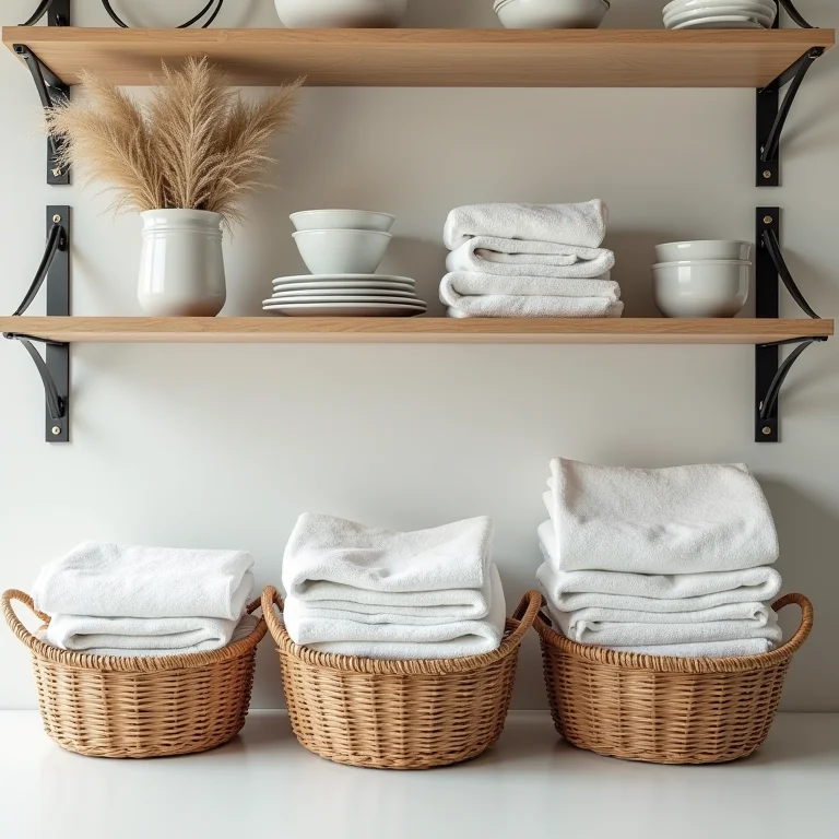 Panos de prato organizados em cestos decorativos