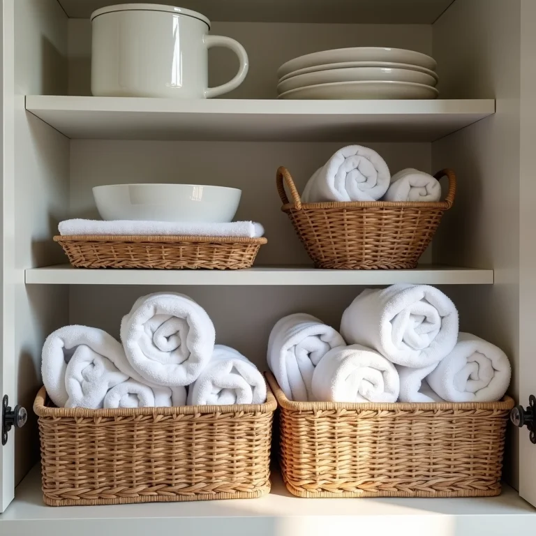 Panos de prato organizados em cestos e caixas rústicas