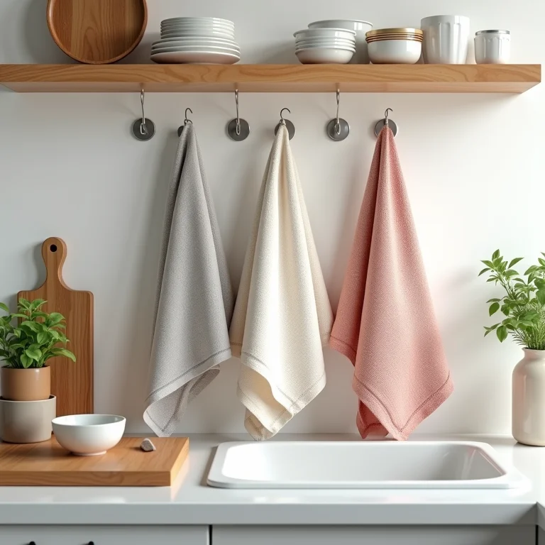 Panos de prato pendurados em ganchos na cozinha