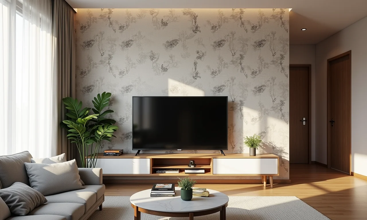 Papel de parede estampado em sala de TV versátil com design brasileiro.