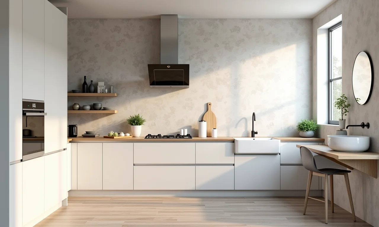 Papel de parede no banheiro e cozinha.