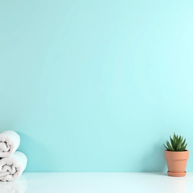 Parede azul pastel com toalha branca e suculenta em vaso de terracota.