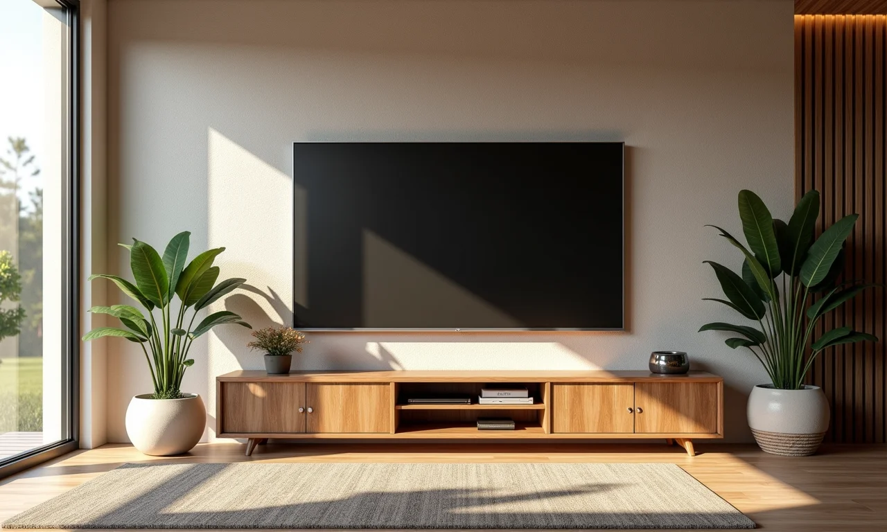 Parede com textura 3D em sala de TV moderna com estilo Farm Rio.