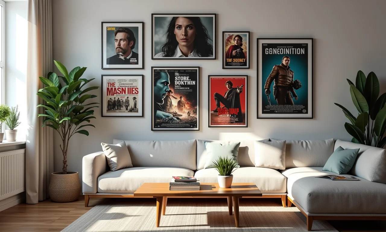 Parede da sala de estar decorada com pôsteres de filmes icônicos.