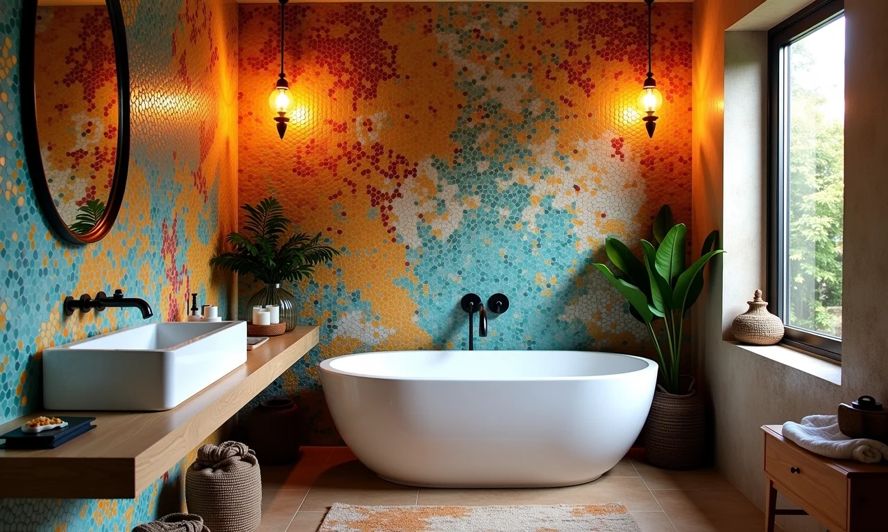 Parede de banheiro revestida com pastilhas coloridas.