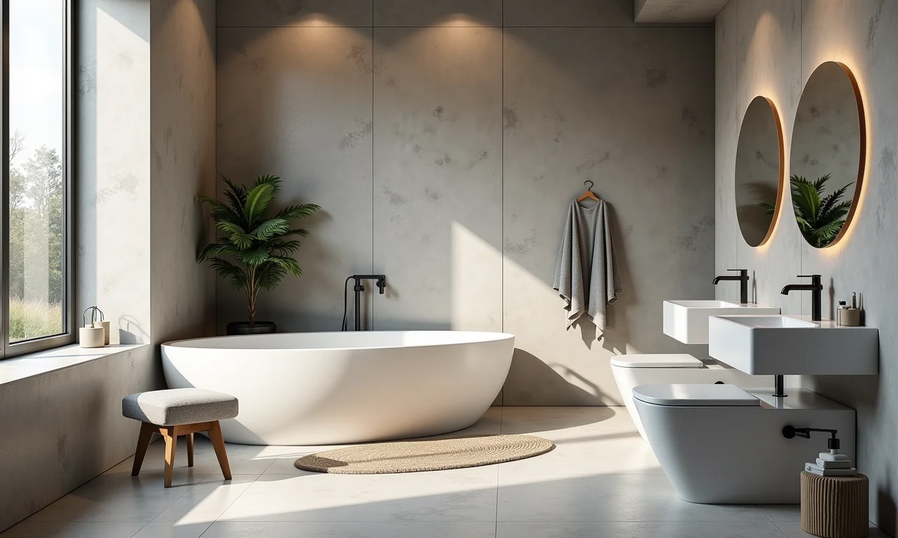 Parede de cimento queimado em banheiro com iluminação natural e decoração minimalista.