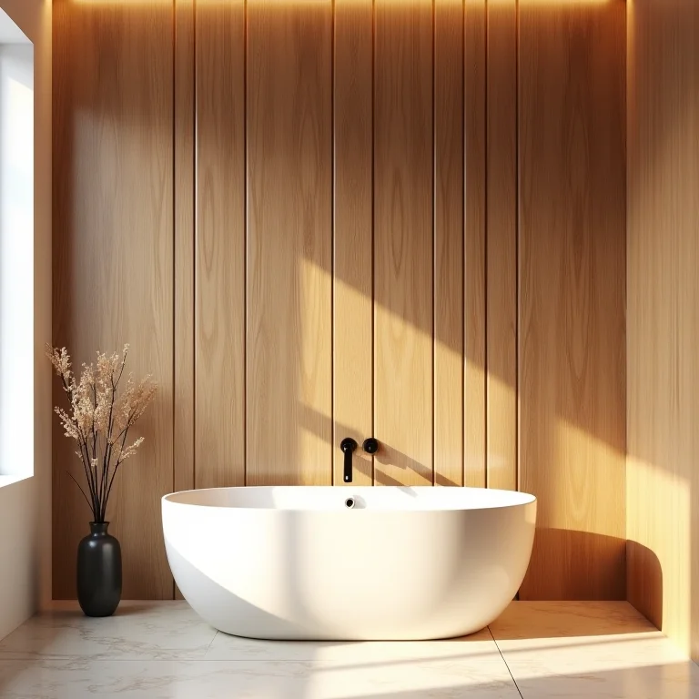 Parede de madeira 3D em banheiro com iluminação quente
