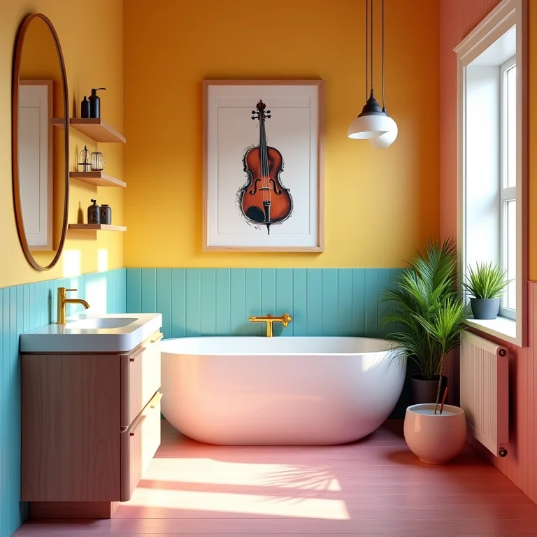 Paredes coloridas com estampas temáticas musicais em um banheiro vibrante.