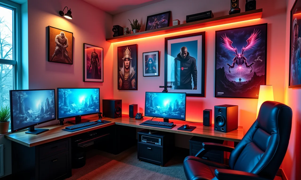 Paredes da sala de jogos decoradas com quadros, pôsteres e itens de jogos.