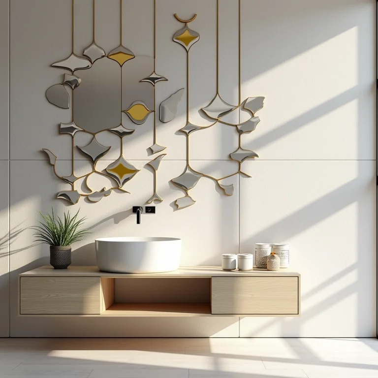 Paredes decoradas com placas de espelho geométricas