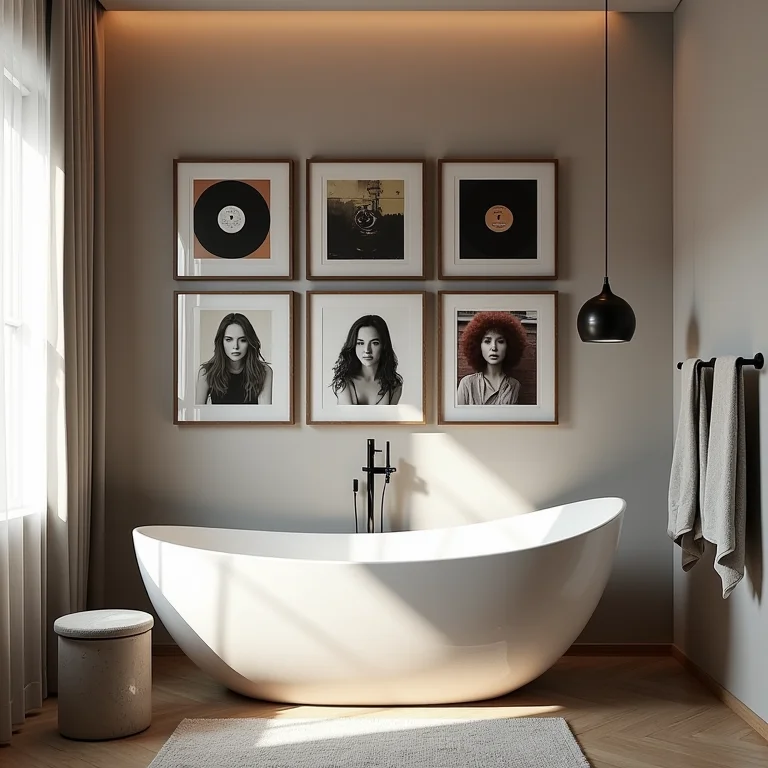 Paredes decoradas com quadros de capas de álbuns icônicos em banheiro temático.