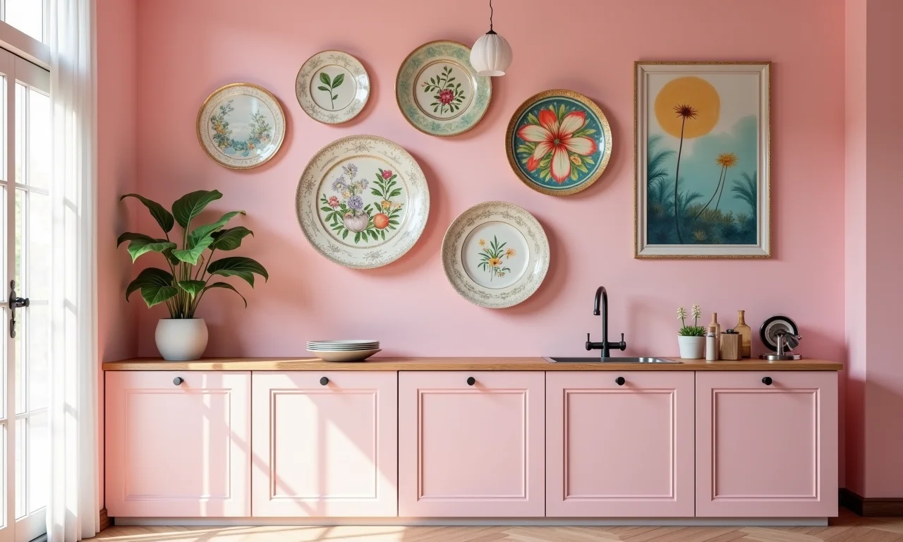 Paredes rosa pastel decoradas com pratos vintage e arte colorida.